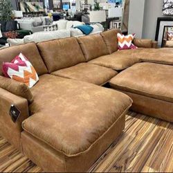 Leather Caramel Large Sectional Sofa Couch  Marlaina