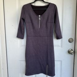 Faux Suede Half Zip Sheath Dress Crew Neck Lavender Women's S