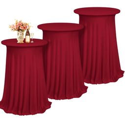 3 Packs Cocktail Table Covers Burgundy Round Bar Table Cloth Wine Red 32"X 43" Spandex Stretch High Top Table Covers With Wavy Drapes Fitted High Top 