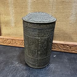 Antique Indonesian Sumatran brass canister, metal tobacco box, traditional decor