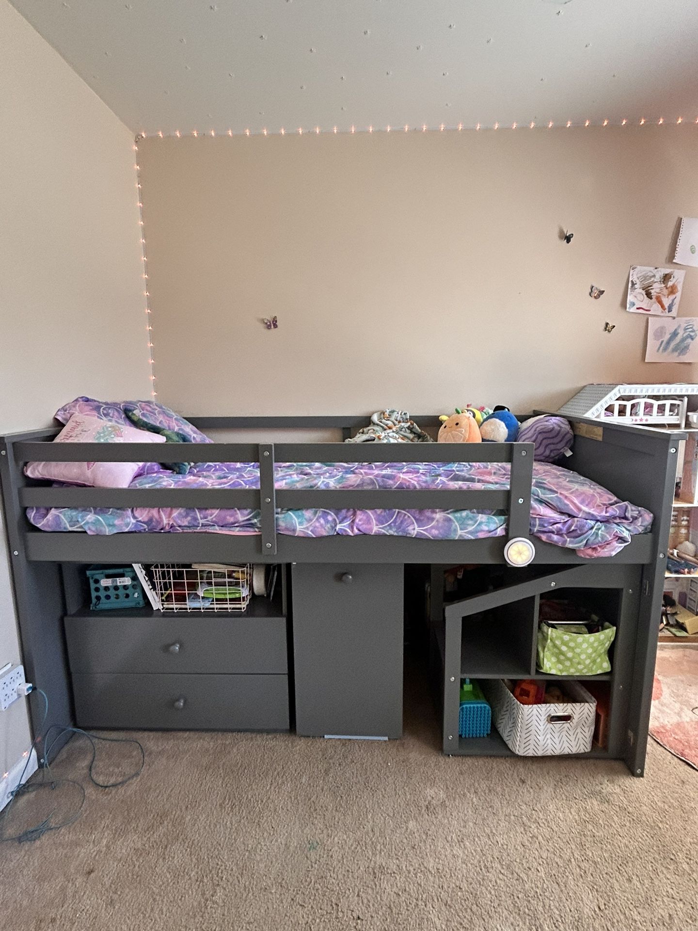 Twin Low Loft Bed Frame with Desk and Storage with Stairs
