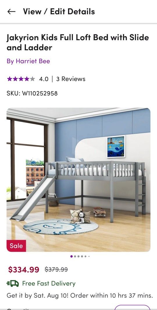 Jakyrion Kids Full Loft Bed With Slide