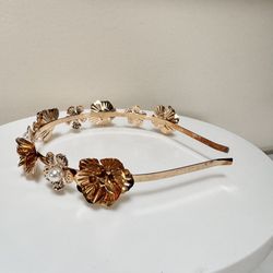 Bride Bridesmaid Gold-Tone 3D Flowers Faux Pearls Wedding Headband Tiara Crown