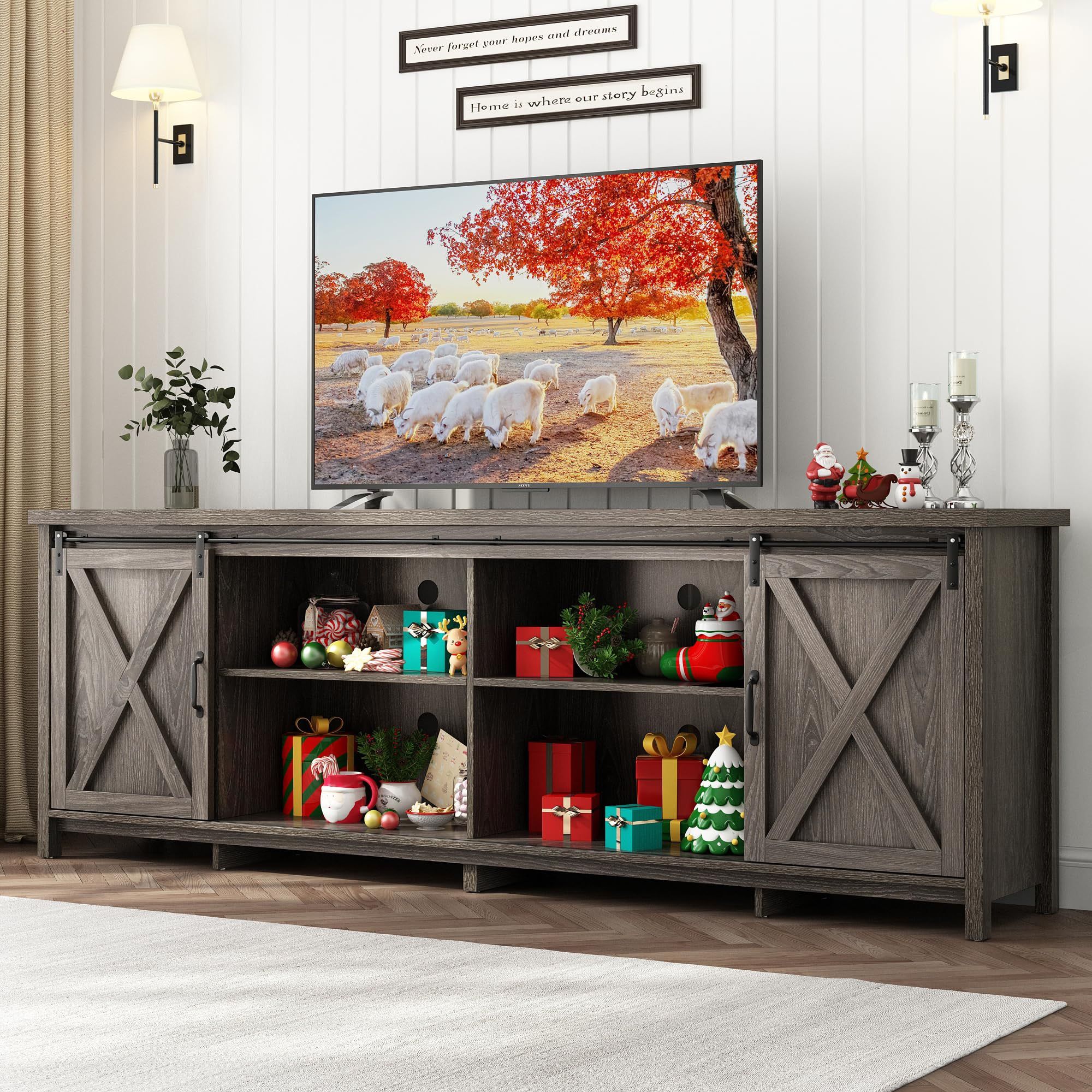 80 Inch Large Farmhouse TV Stands for 90 inch TV w/Adjustable Shelves grey color