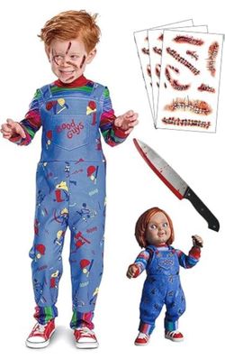 🎃 Kids Chucky Halloween Costume – Size L (Height 47.2”–51.1”), Jumpsuit, Scar Tattoos & Prop Knife