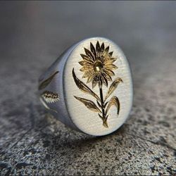 925 Sterling Silver Carved Gold Sunflower Engraved Signet Ring - Size 6