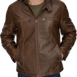 Levi's mens Faux Leather Racer Jacket. Saddle Two Toned hooded XL. New W/ Tags