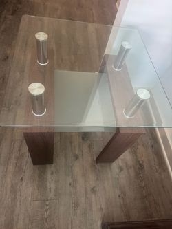 Glass Top side Table with Wood Base and chrome cylinders