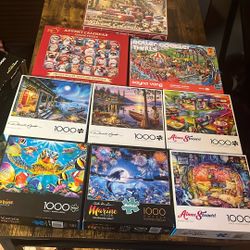 Lot of 6 Buffalo Puzzles, 2 Advent Calendar Animal Cat Dog Puzzles, 1 Roller coaster Antelope puzzle all 1000+ piece