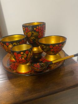 Vintage Soviet Russian Khokhloma Hand Painted Wooden Set Goblets Tray Spoon USSR