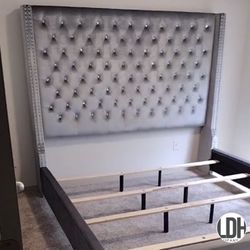 Gray King Size Velvet Bed