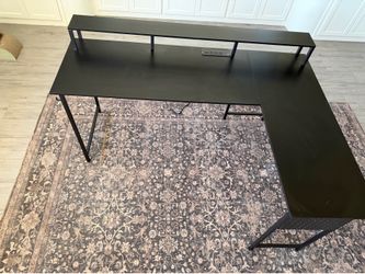 Black L Shape Desk with Monitor stand and power cords