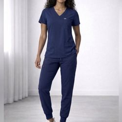 Brand New Figs Navy Blue V-Neck 3Pocket Top And Joggers Scrub Set