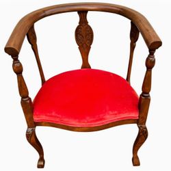 Antique Carved Barrel Arm Chair Tub Chair with Red Suede Seat