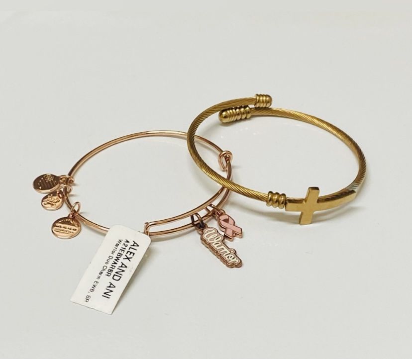 New, Alex and Ani Rose Gold Warrior Pink Ribbon Duo Charm & Gold Cross Bracelet