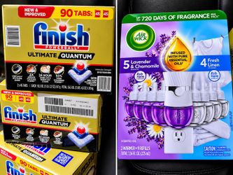Air Wick Plug-In Scented Oil Value Pack and  Finish Powerball Ultimate Quantum, 90 dishwasher tabs (2 × 45 tabs).