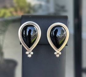 Jewelry Vintage 925 sterling silver Luxury Pearl Clip On Onyx stone Earrings 15.5g