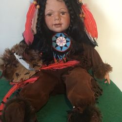 Collectible doll large native child porcelain face and hands suede 24” Beading