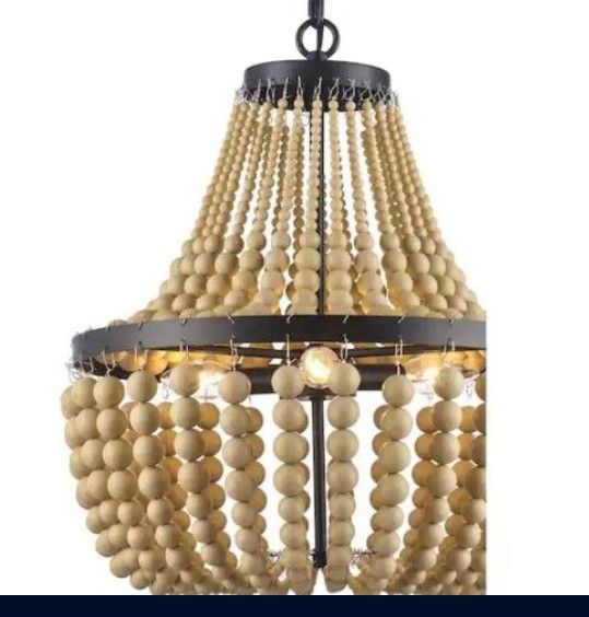 Chandelier In Bronze With Natural Faux Wood Beaded Shades Cayman 3 Lights