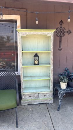 Rustic Painted Wood Bookcase with Drawers