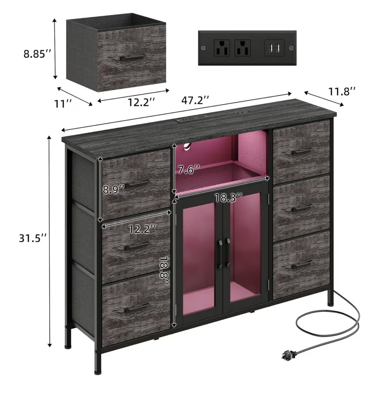Dresser for Bedroom with Charging Station & LED Lights, Grey 6 Drawer Dresser with Adjustable Feet, Wide Anti-Tip TV Stand for 60" TV, Fabric Chest of