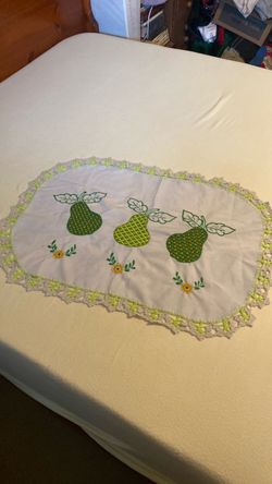 Handmade Embroidered Pear Oval Doily with Crochet Edge, 30"x22"