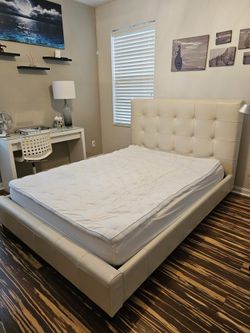 Ivory Leather Tufted Bed - Queen