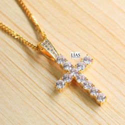 New 18k Yellow Gold Cuban Link Chain And Cross Pendant 