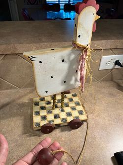 Vintage 1990s Folk Art Handcrafted Painted Country Chicken on Pull Toy Rolling Wheels w/Checkered Board Surface. Signed by Artist