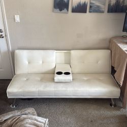 White Faux Leather Loveseat / Convertible Sofa With Cup Holder