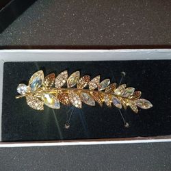 Gold Leaf Hair Clip with Rhinestones