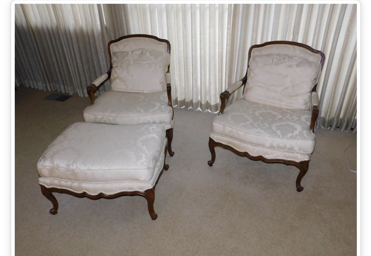 Drexel Heritage Modified Wingback Chairs & Ottoman