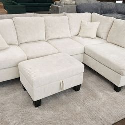 Brand New Ivory Corduroy Sectional Sofa w/Storage Ottoman (New In Box)