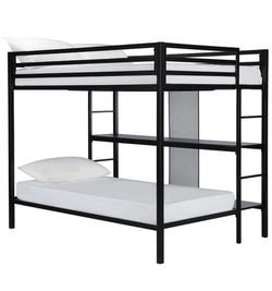 Full over twin bunk bed with attached shelves