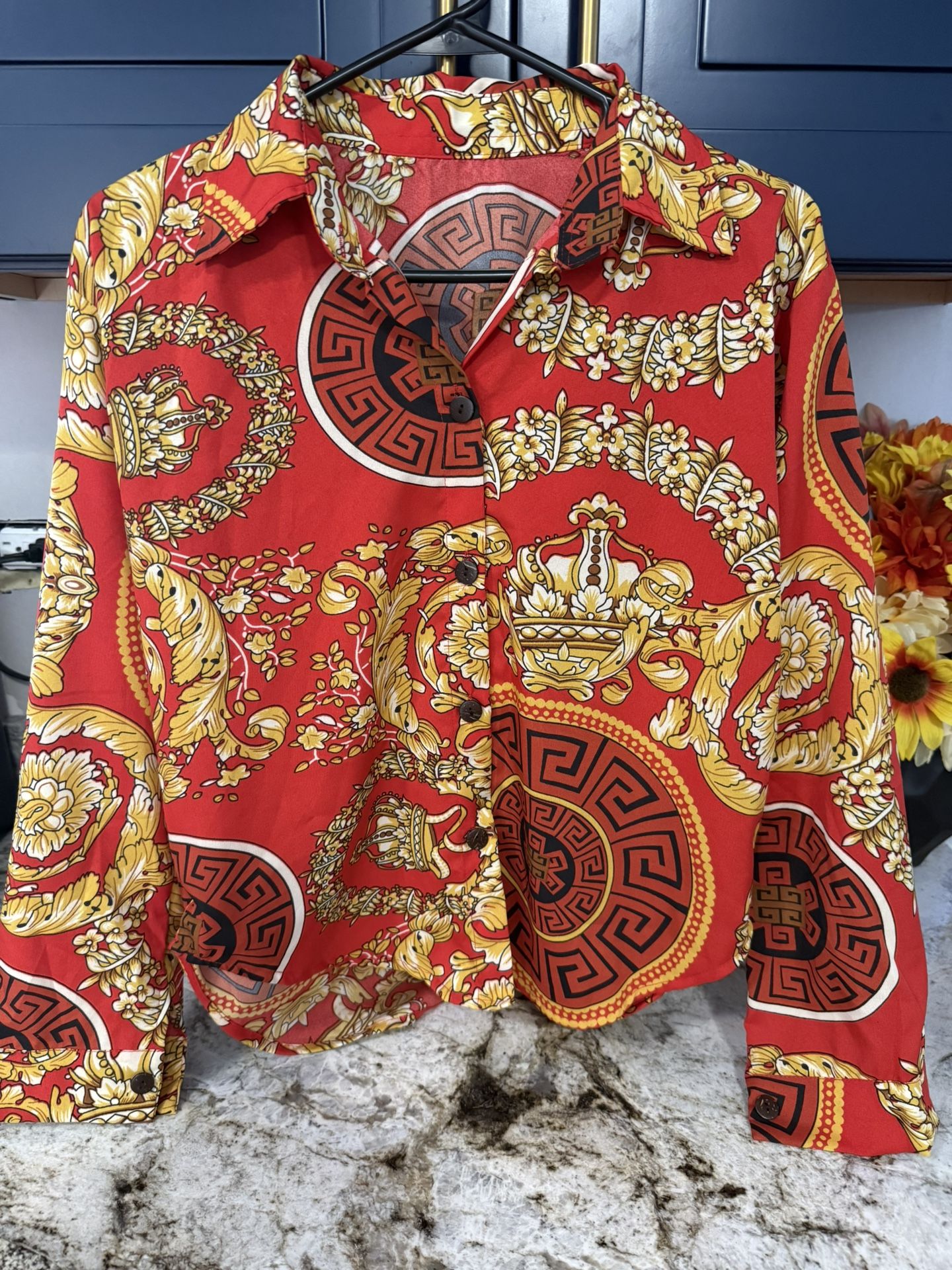 Red & Gold Patterned Button-Down Shirt size S ( like new )
