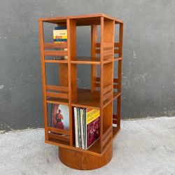 🌀 Mid Century Modern Teak Revolving Bookcase - LP Record & Book Storage Shelf-Rare & Stunning!
