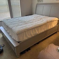 Queen Bed Frame, Mattress, and Side Tables