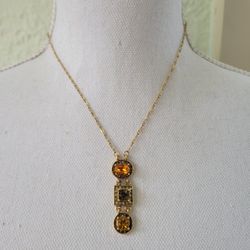 Premier Designs Chain Necklace Amber Citrine Color Rhinestone Gold Tone 20"