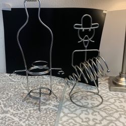 Two Chrome Metal Wine Bottle Holders, Modern Art Theme
