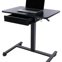 😀 CLATINA Mobile Laptop Standing Desk, Height Adjustable Teacher Podium with Lockable Wheels, Adjustable Work Table with Drawer, Computer Cart Overbe