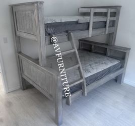 Solid Wood Full Twin Bunk Bed And 2 Mattresses 