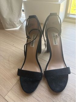 Steve Madden Carrson black suede heels featuring a block heel and an ankle strap, 8.5 M