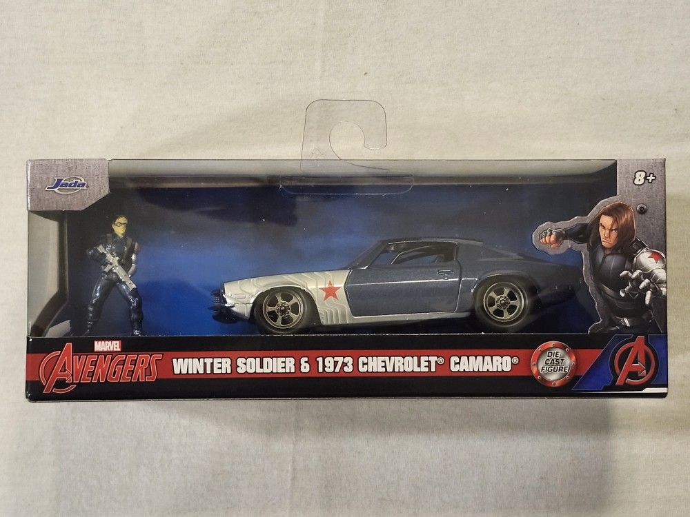 JADA METAL DIECAST 1:32 SCALE. MARVEL AVENGERS WINTER SOLDIER. 1973 CHEVROLET CAMARO WITH METAL DIECAST WINTER SOLDIER FIGURE.