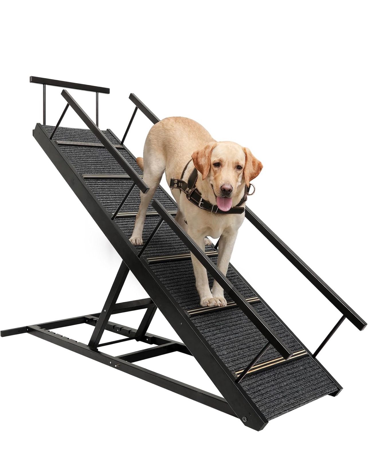 Portable Folding Wooden Dog and Cat Ramp for Couch or Bed, Includes Non-Slip Mat and Safety Side Rails, 64.2 Inches Long and Adjustable Height