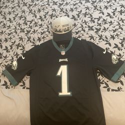 NFL Philadelphia Eagles Jalen Hurts Mens jersey  Size Medium And Super Bowl Hat 80$ Northside Chicago