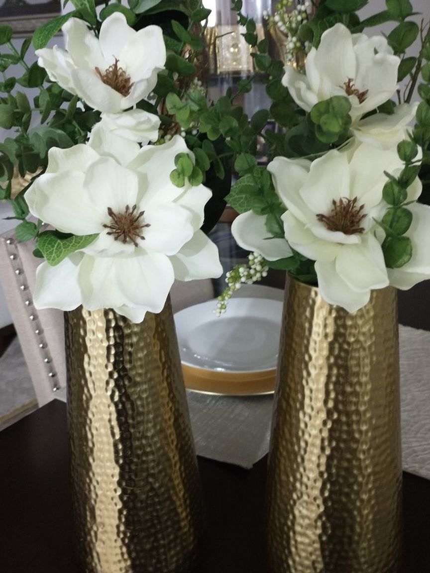 2 Gold Vases With Accent Flowers included