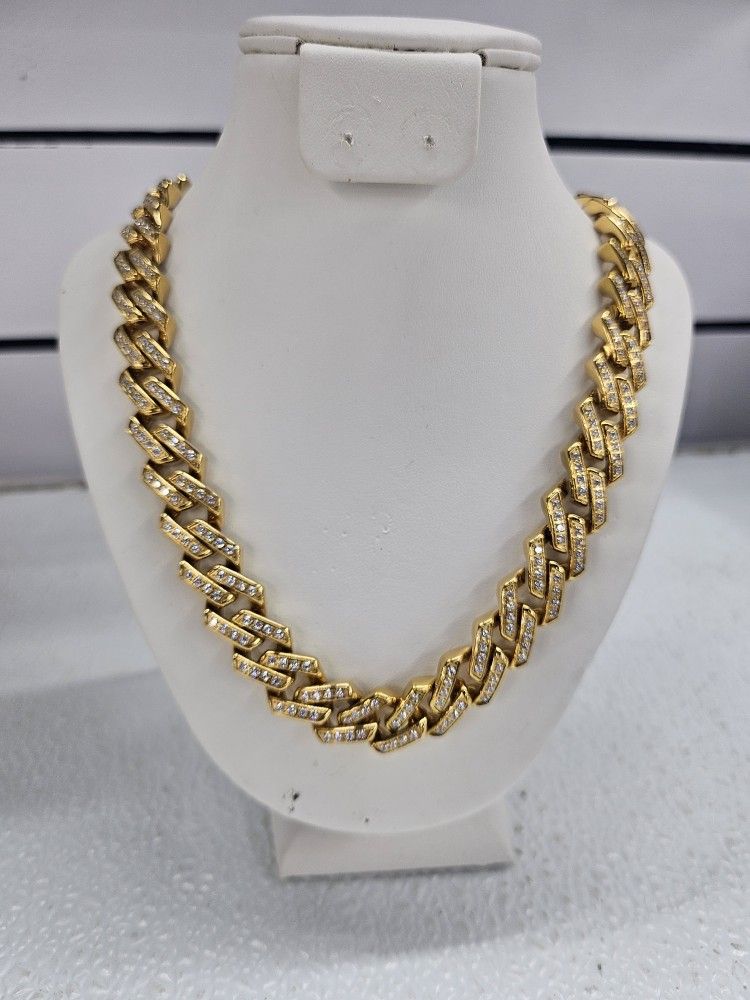 12mm Necklace Stainless Steel Gold Plated 5A Zircon/ Length 18"