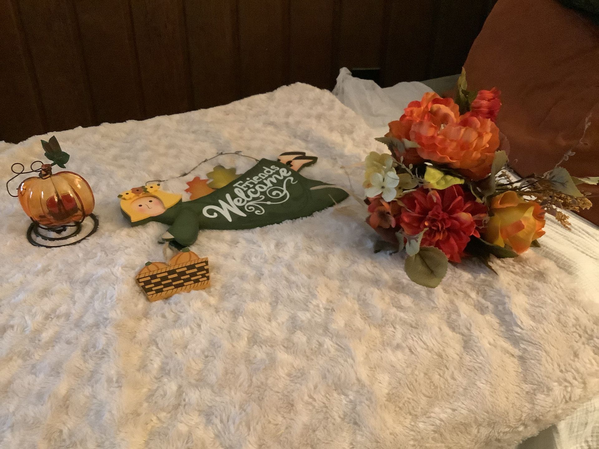 Lot Of 3 New Fall Items Pumpkin Tea Light Candle Holder, Wall Or Door Sign , Silk Flower Bouquet