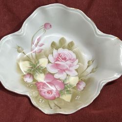 Lefton China green heritage rose hand painted 7” candy or nut dish  # 1860