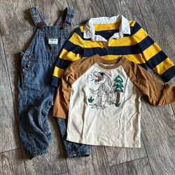 oshkosh overalls, rugby shirt, dino baseball tshirt 